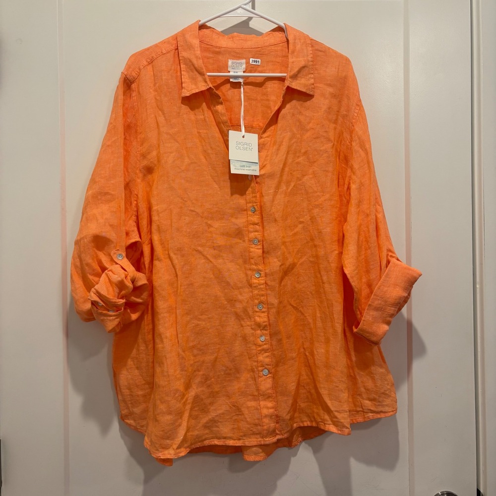 Sigrid Olsen Womens 3X Orange 100% Linen Roll Tab Sleeve Button Down Shirt NEW